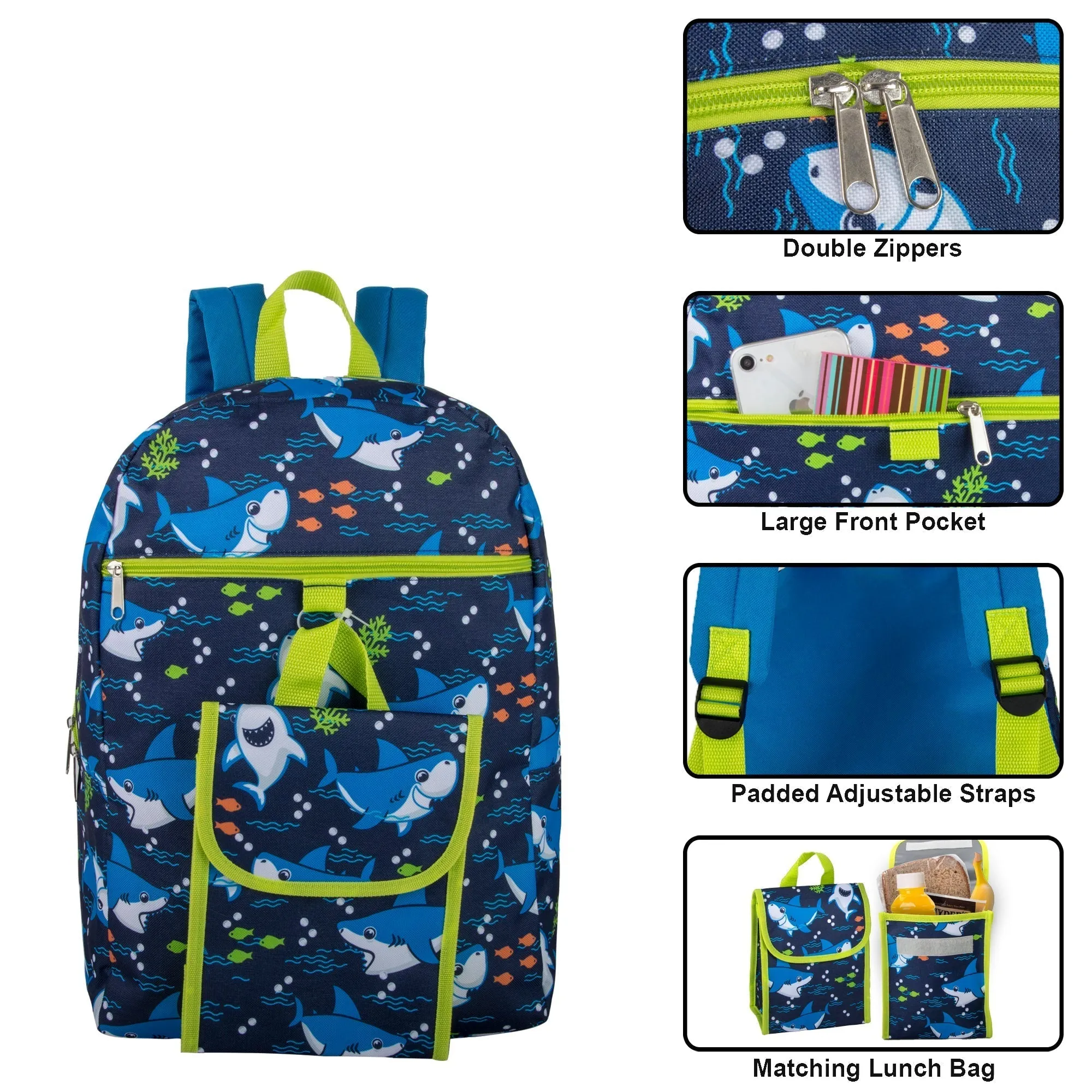 16-Inch Shark Themed Backpack With Matching Lunch Bag