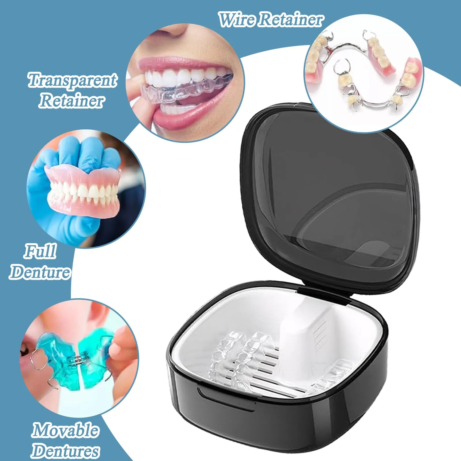 2 pieces braces box, portable denture box, denture box for grinding splints and dental splints cleaning, denture box for children and adults, extra deep for overnight soaking