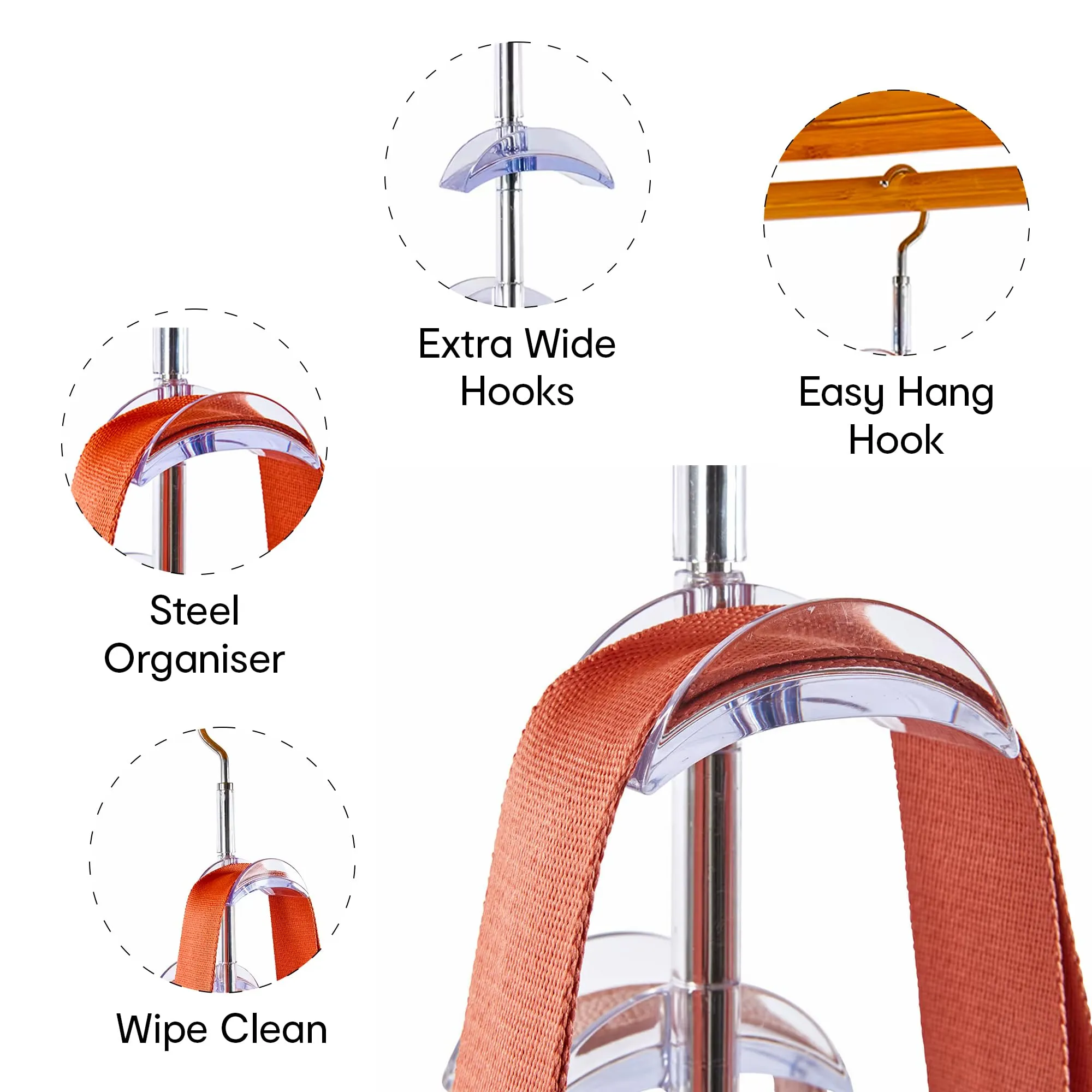 Anko 4 Tier Stainless Steel Organizer Hanging Closet Hook for Purses, Ties, Belts, Handbags, Accessories Organizer | Portable Hanging Organiser with Wide Hooks |39cm (H) x 7cm (W) x 5.5cm (D)