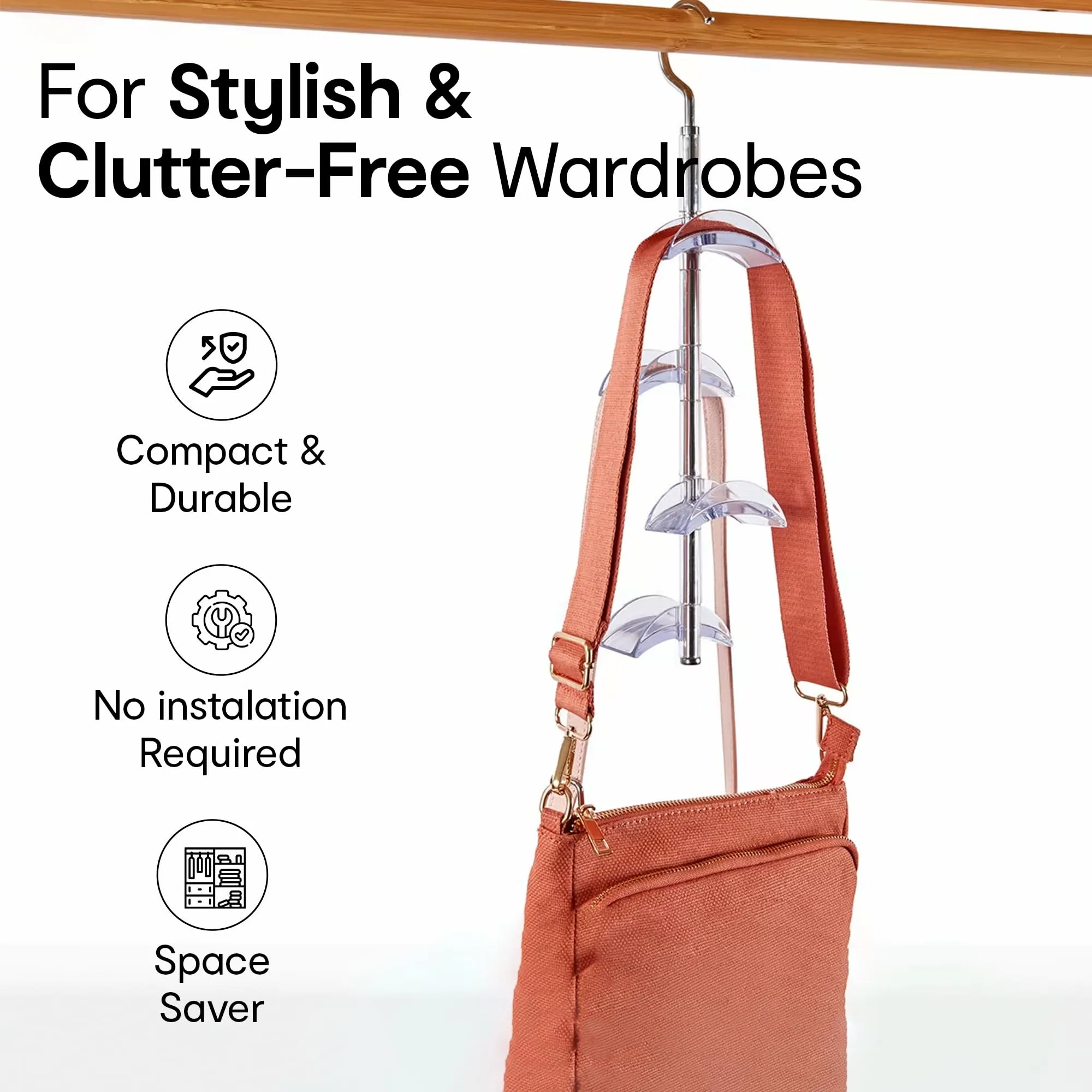 Anko 4 Tier Stainless Steel Organizer Hanging Closet Hook for Purses, Ties, Belts, Handbags, Accessories Organizer | Portable Hanging Organiser with Wide Hooks |39cm (H) x 7cm (W) x 5.5cm (D)