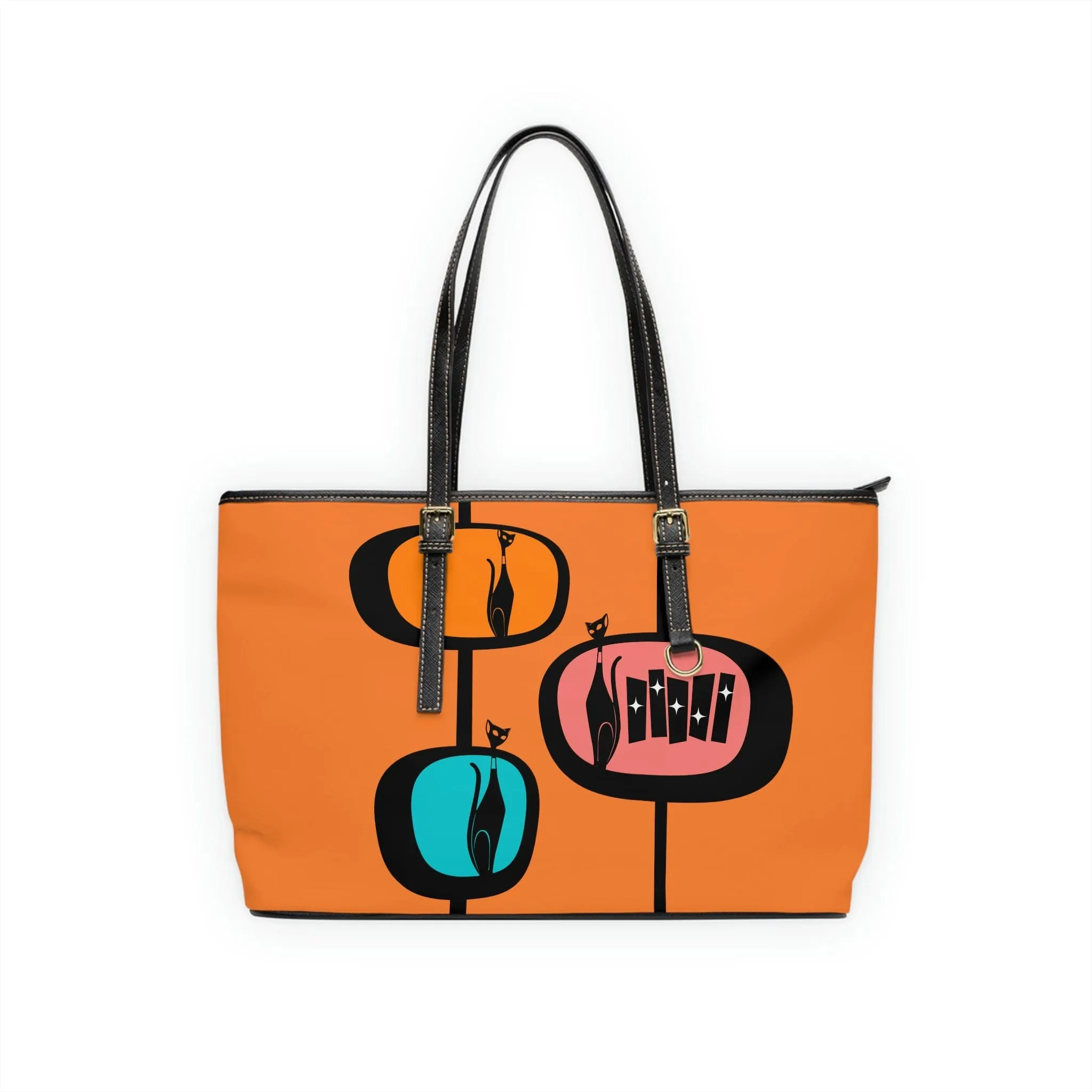 Atomic Cat, Retro Orange, Geometric, Mid Century Modern Style PU Leather Shoulder Bag
