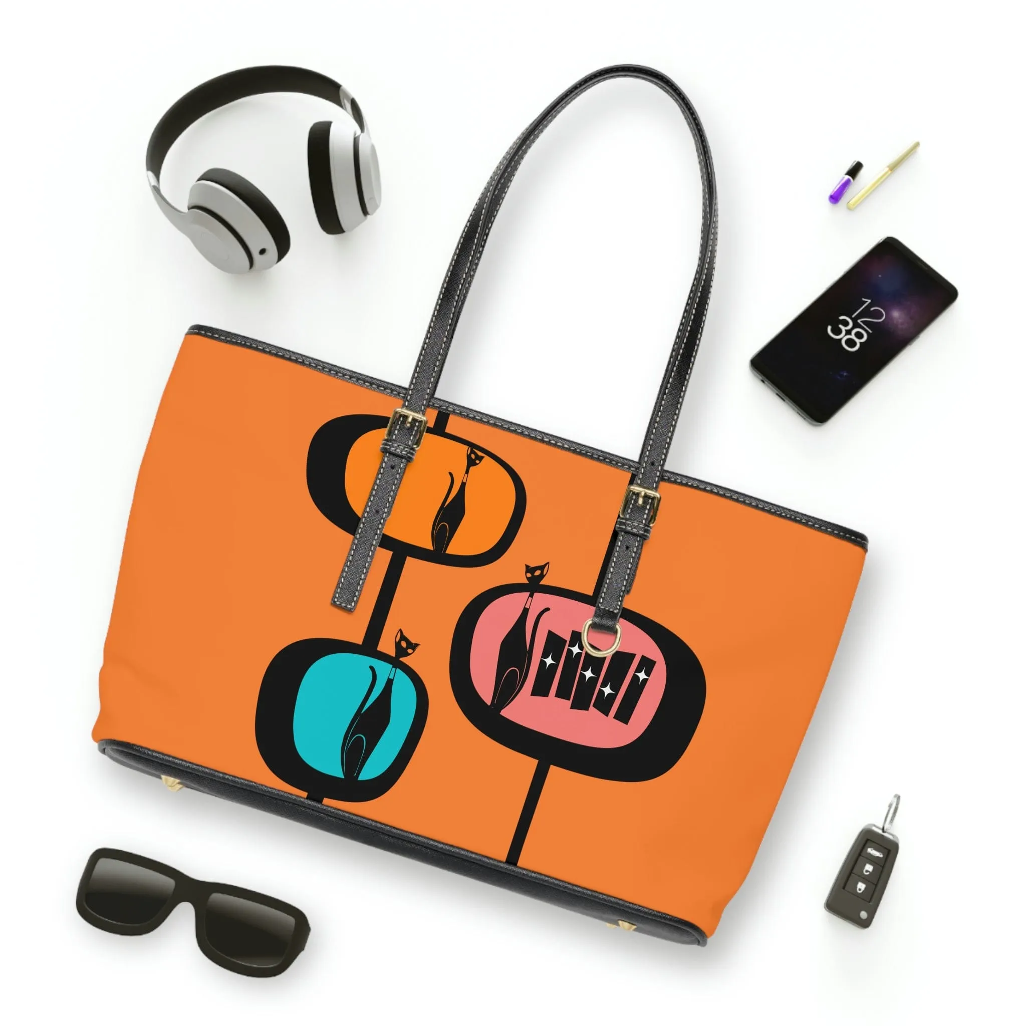 Atomic Cat, Retro Orange, Geometric, Mid Century Modern Style PU Leather Shoulder Bag