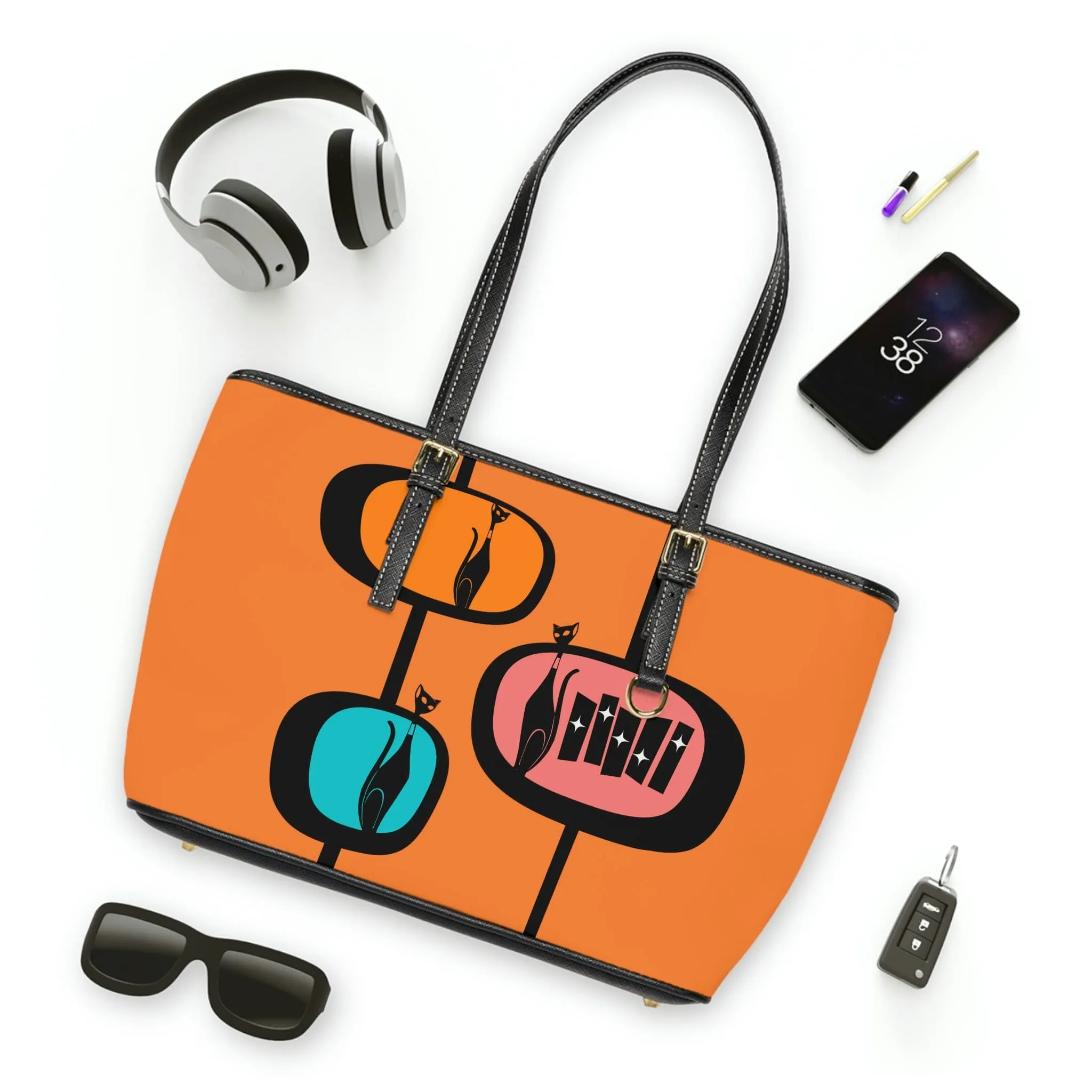 Atomic Cat, Retro Orange, Geometric, Mid Century Modern Style PU Leather Shoulder Bag