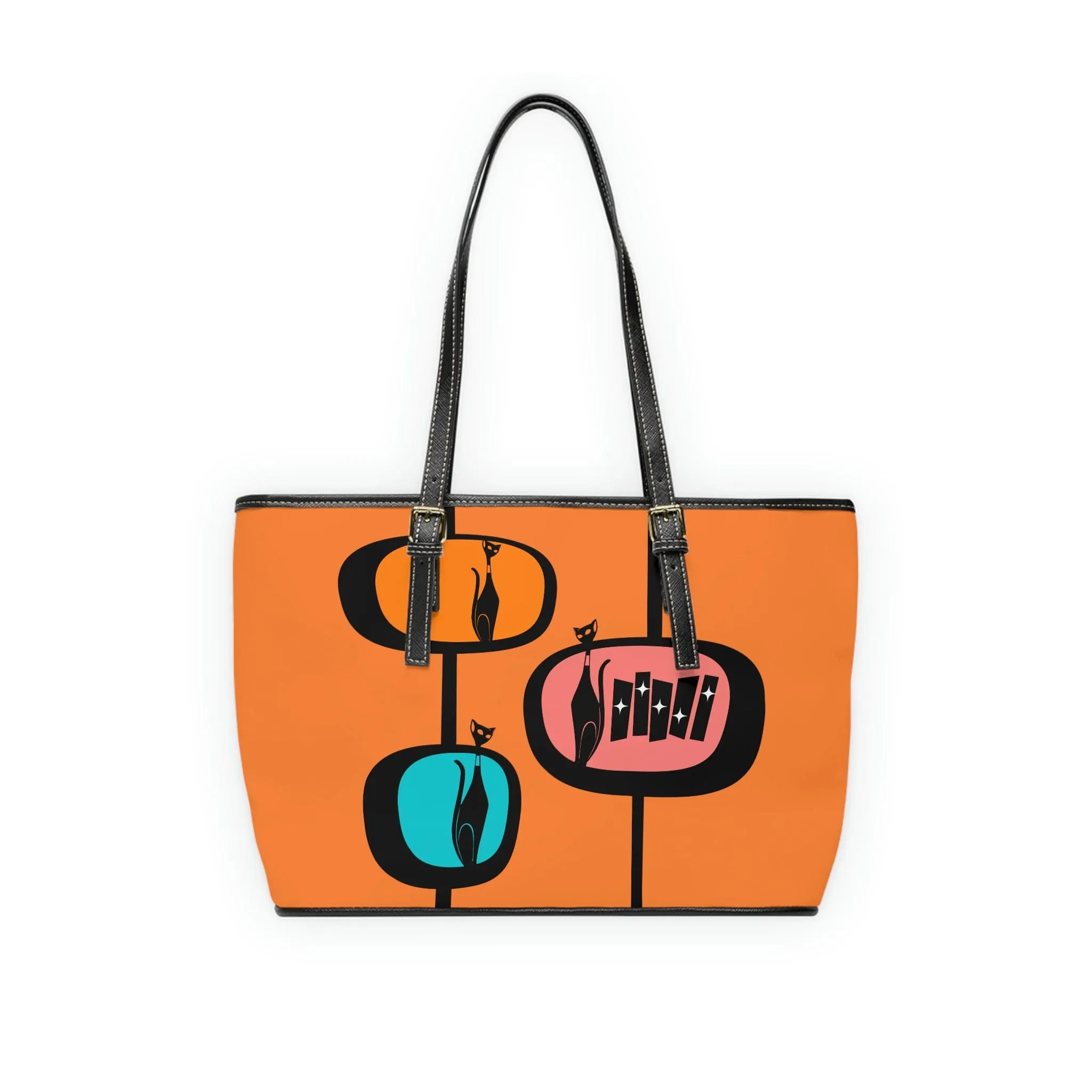 Atomic Cat, Retro Orange, Geometric, Mid Century Modern Style PU Leather Shoulder Bag