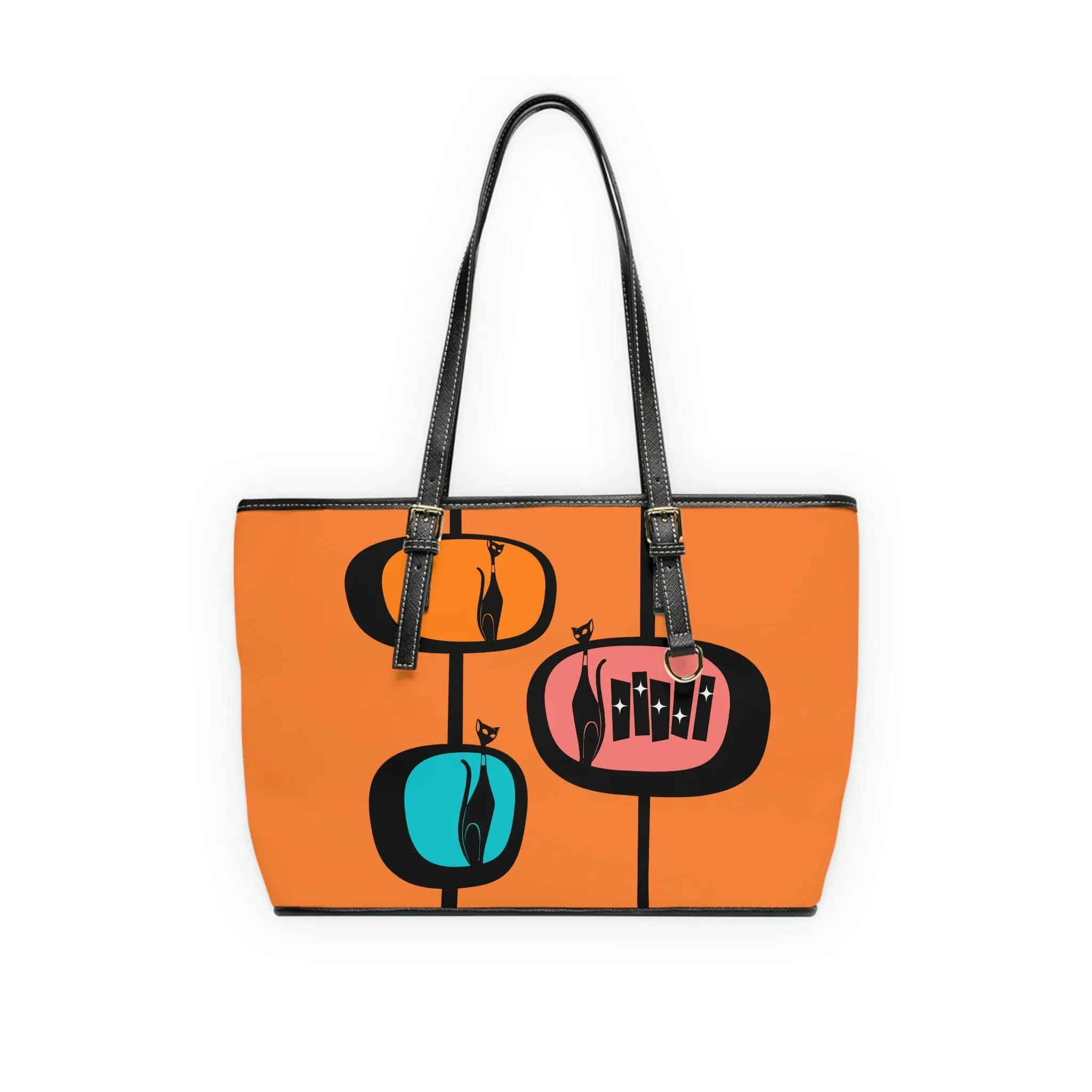 Atomic Cat, Retro Orange, Geometric, Mid Century Modern Style PU Leather Shoulder Bag