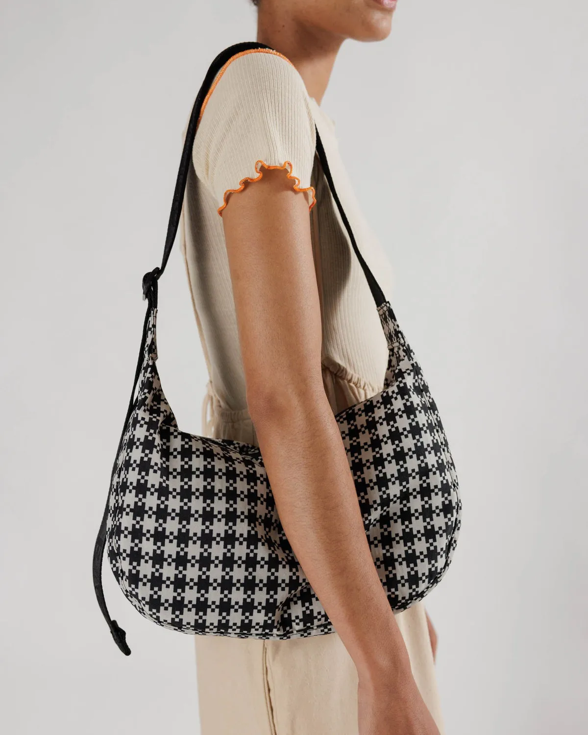 B&W Gingham Medium Crescent Bag