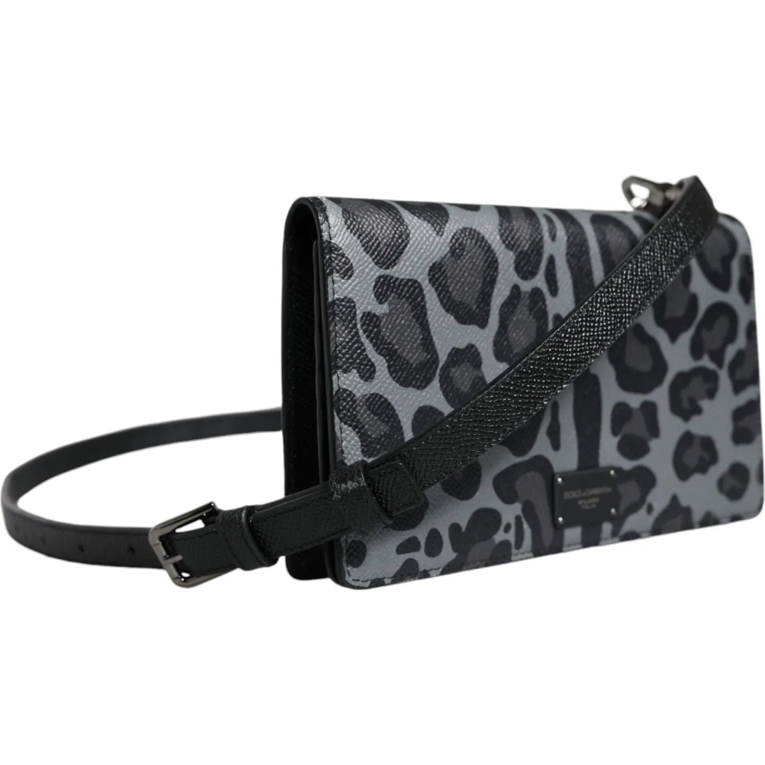 Dolce & Gabbana Black Gray Leopard Leather Bifold Card Slot Crossbody Bag