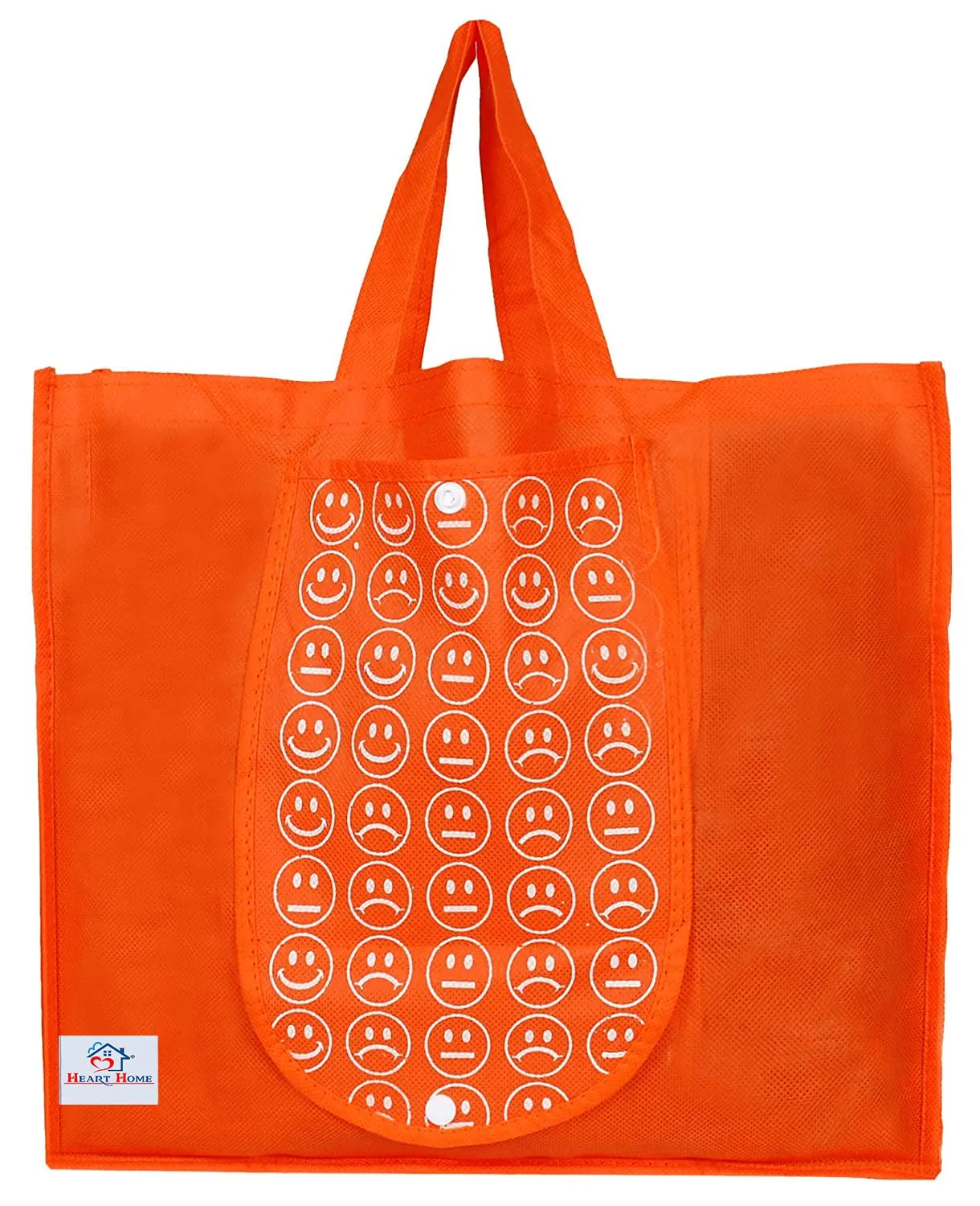 Heart Home Smiley Printed Foldable Non-Woven Grocery Shopping Bag with One Small Pocket- Pack of 2 (Green & Orange) -45LUGHH0137