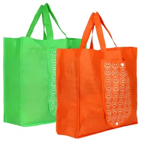 Heart Home Smiley Printed Foldable Non-Woven Grocery Shopping Bag with One Small Pocket- Pack of 2 (Green & Orange) -45LUGHH0137