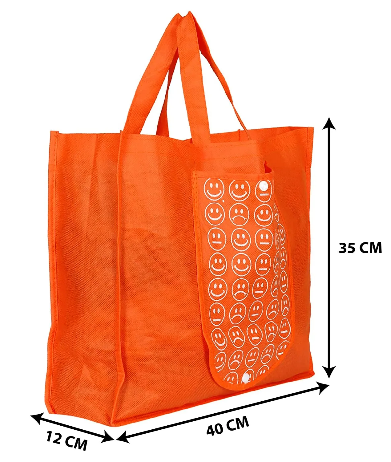 Heart Home Smiley Printed Foldable Non-Woven Grocery Shopping Bag with One Small Pocket- Pack of 2 (Green & Orange) -45LUGHH0137