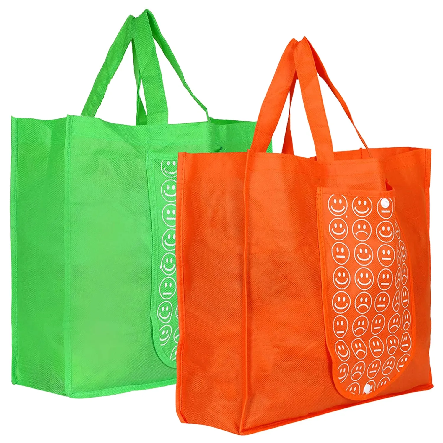 Heart Home Smiley Printed Foldable Non-Woven Grocery Shopping Bag with One Small Pocket- Pack of 2 (Green & Orange) -45LUGHH0137
