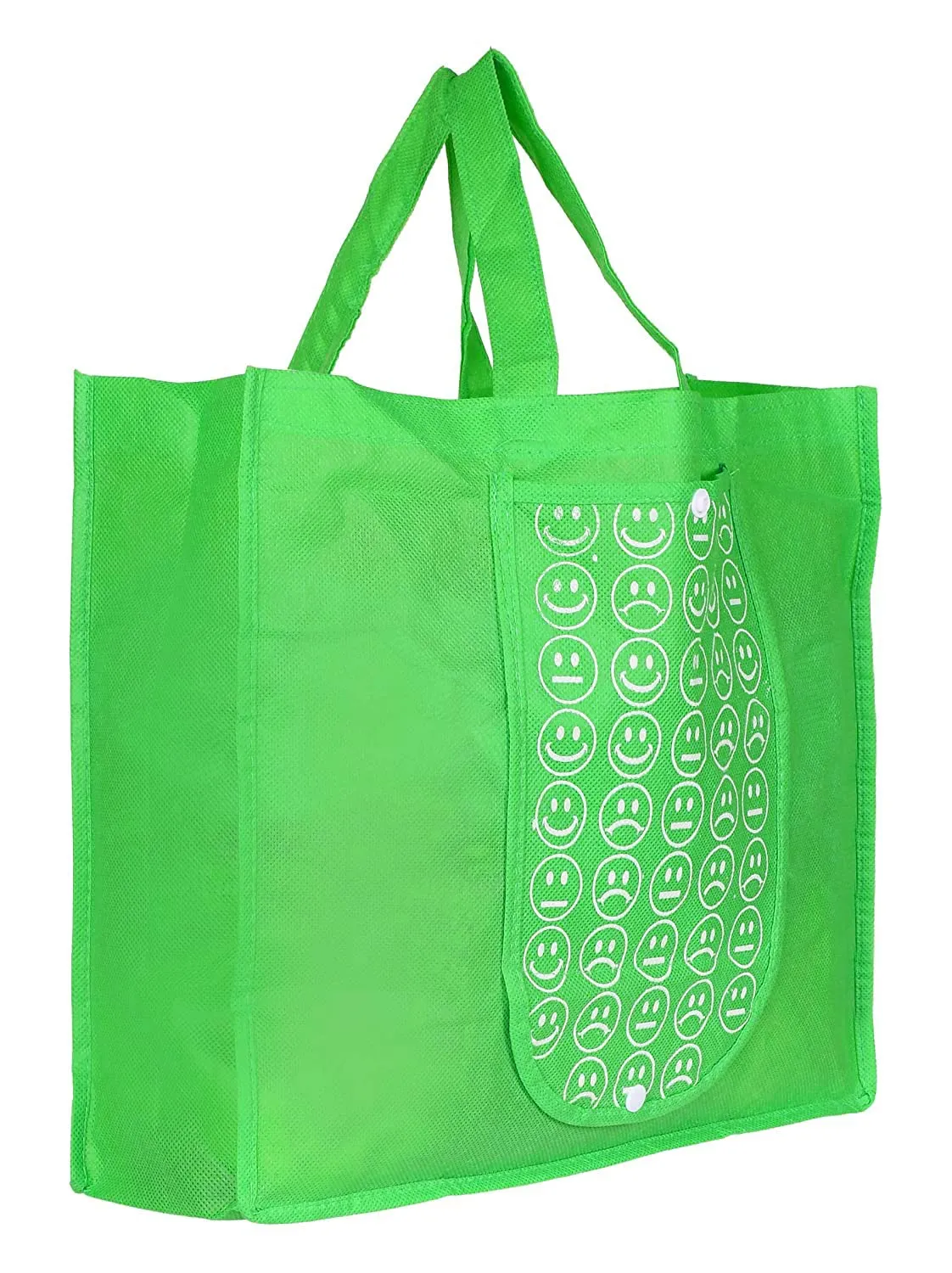 Heart Home Smiley Printed Foldable Non-Woven Grocery Shopping Bag with One Small Pocket- Pack of 2 (Green & Orange) -45LUGHH0137