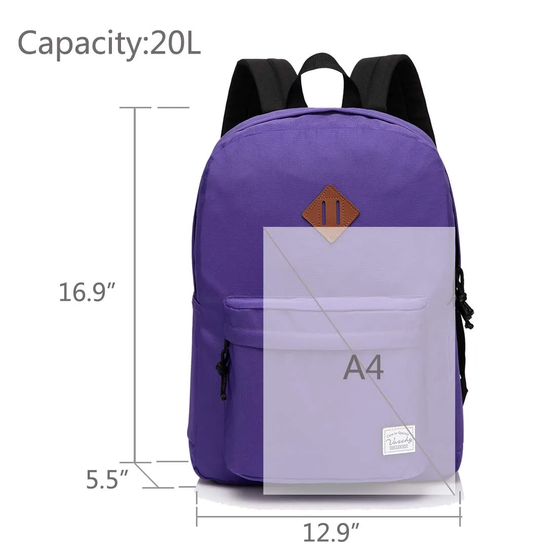 Lightweight Backpack for School, VASCHY Classic Basic Water Resistant Casual Daypack for Travel with Bottle Side Pockets (Purple)