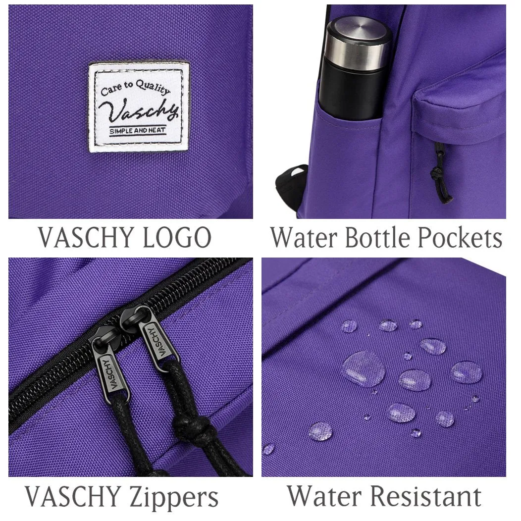 Lightweight Backpack for School, VASCHY Classic Basic Water Resistant Casual Daypack for Travel with Bottle Side Pockets (Purple)