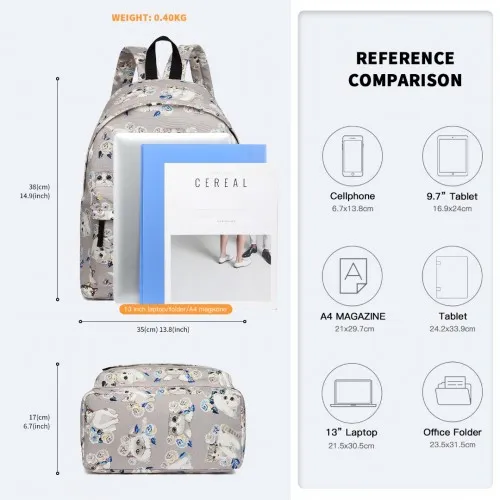 Miss Lulu Large Cat Polka Dot Backpack - Stylish & Functional Grey Backpack for Everyday Essentials
