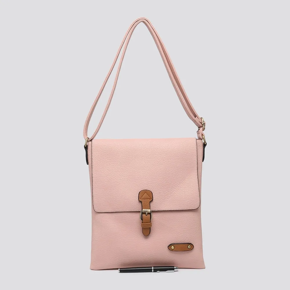 Plain Large Messenger Style Crossbody Bag With Tan Trim (9 Colours)