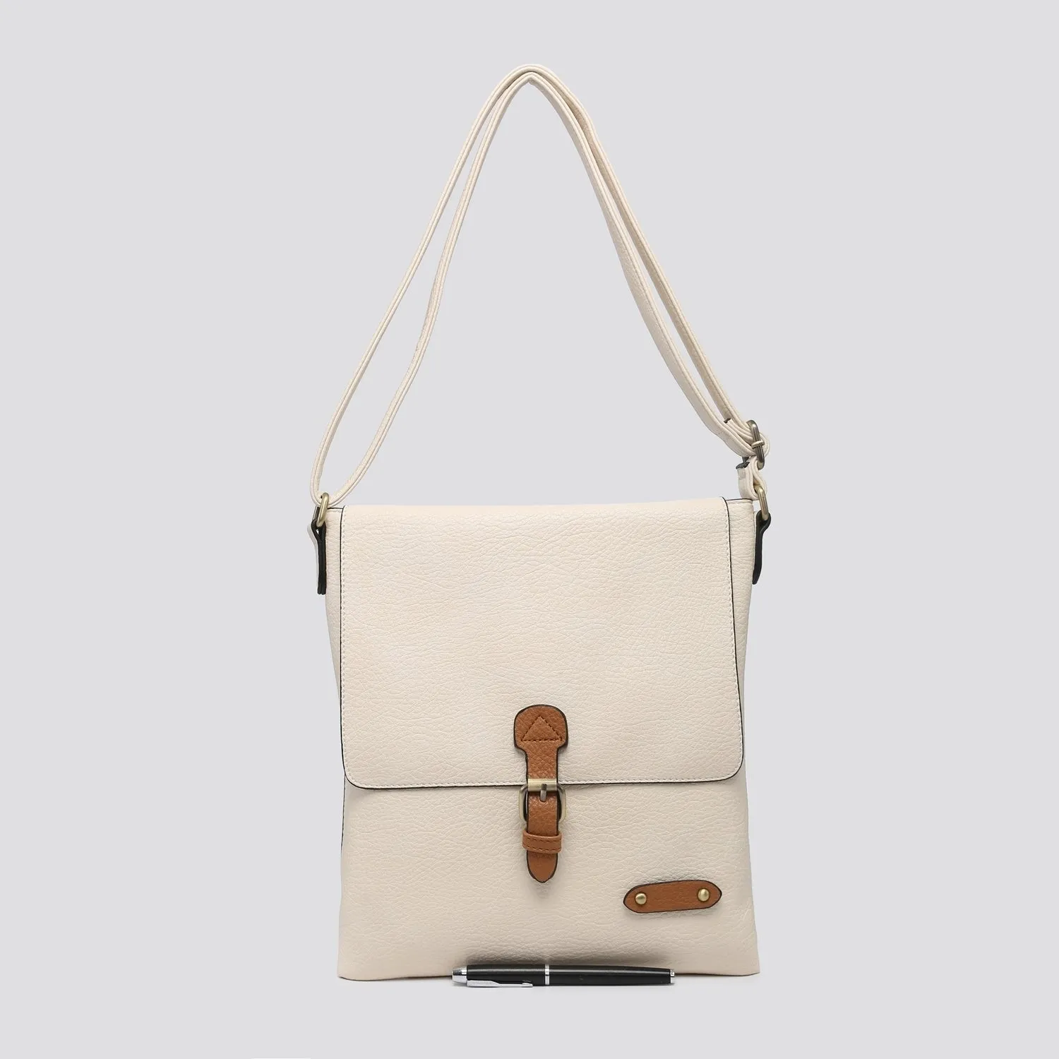 Plain Large Messenger Style Crossbody Bag With Tan Trim (9 Colours)