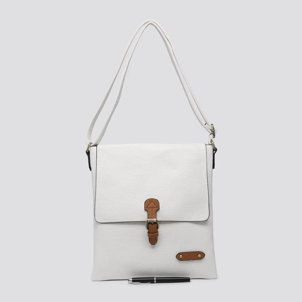 Plain Large Messenger Style Crossbody Bag With Tan Trim (9 Colours)