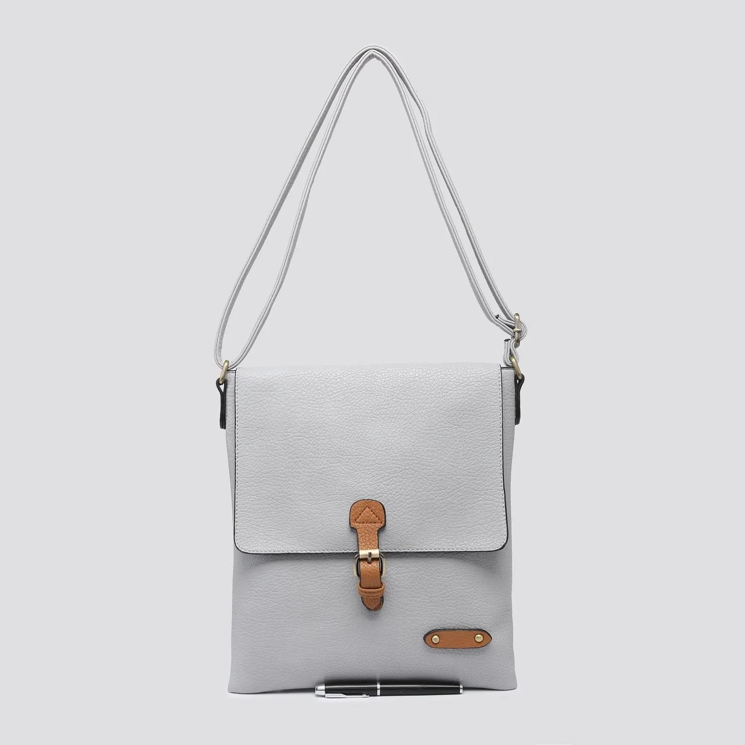 Plain Large Messenger Style Crossbody Bag With Tan Trim (9 Colours)