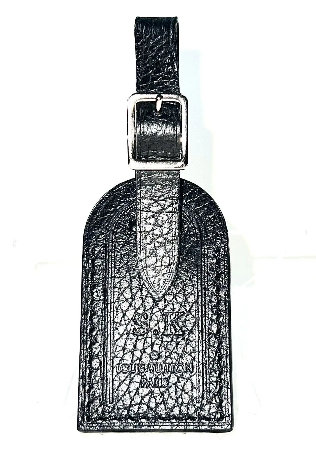 Rare Louis Vuitton Grained Leather Black Luggage Tag w/ SK Hot Stamp