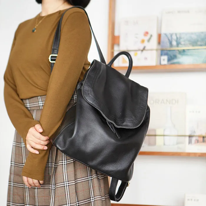 Stylish Womens Black Leather Rucksack Plain Black Backpack For Women