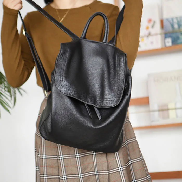 Stylish Womens Black Leather Rucksack Plain Black Backpack For Women