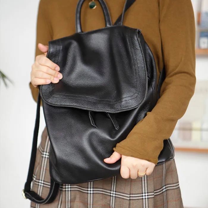 Stylish Womens Black Leather Rucksack Plain Black Backpack For Women