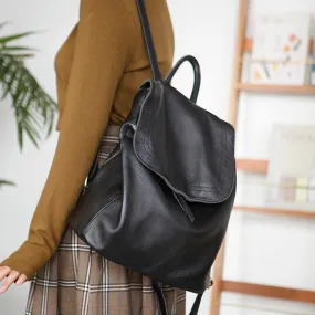 Stylish Womens Black Leather Rucksack Plain Black Backpack For Women