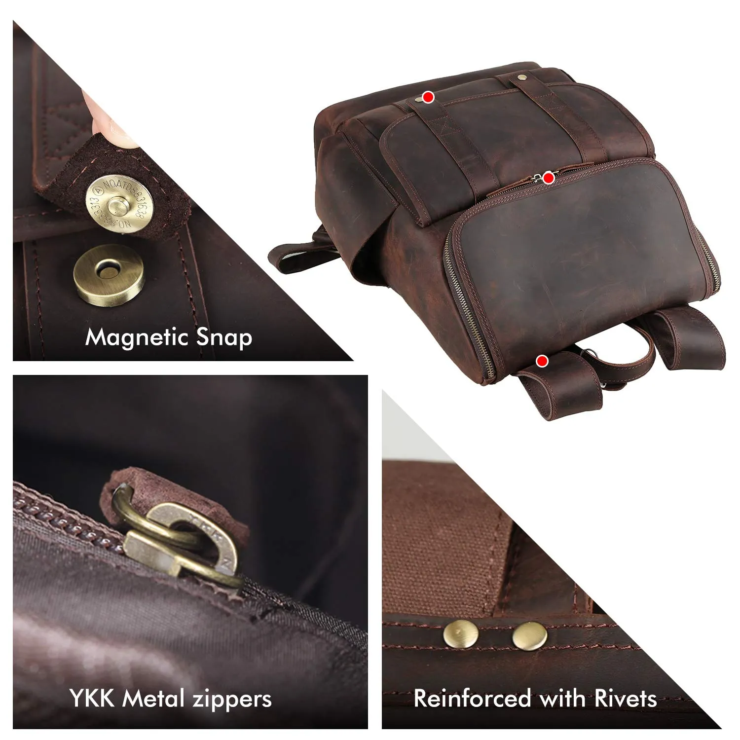 Texbo Vintage Full Grain Cowhide Leather 15.6 Inch Laptop Backpack Shoulder Travel School Bag with YKK Zippers