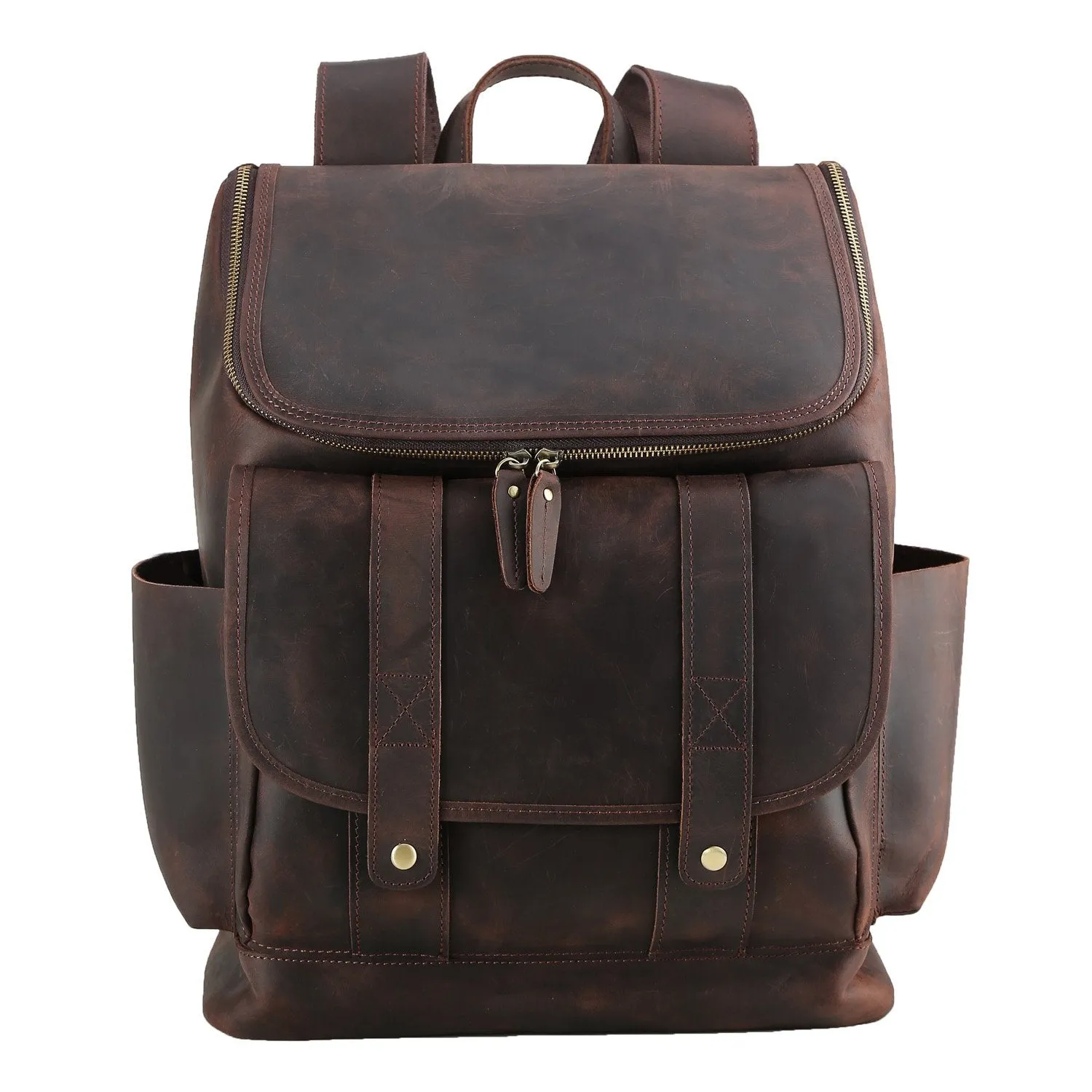 Texbo Vintage Full Grain Cowhide Leather 15.6 Inch Laptop Backpack Shoulder Travel School Bag with YKK Zippers