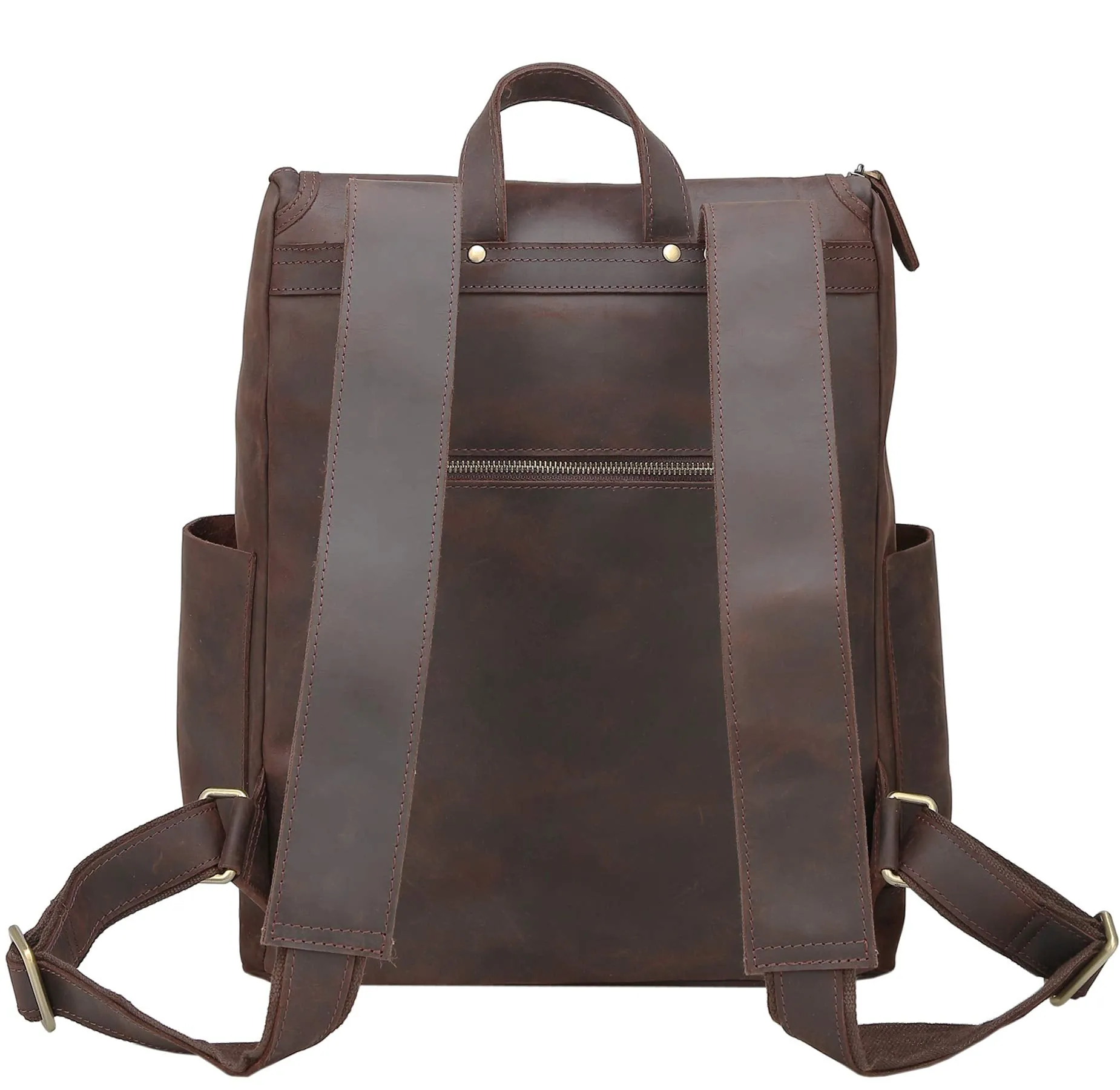 Texbo Vintage Full Grain Cowhide Leather 15.6 Inch Laptop Backpack Shoulder Travel School Bag with YKK Zippers