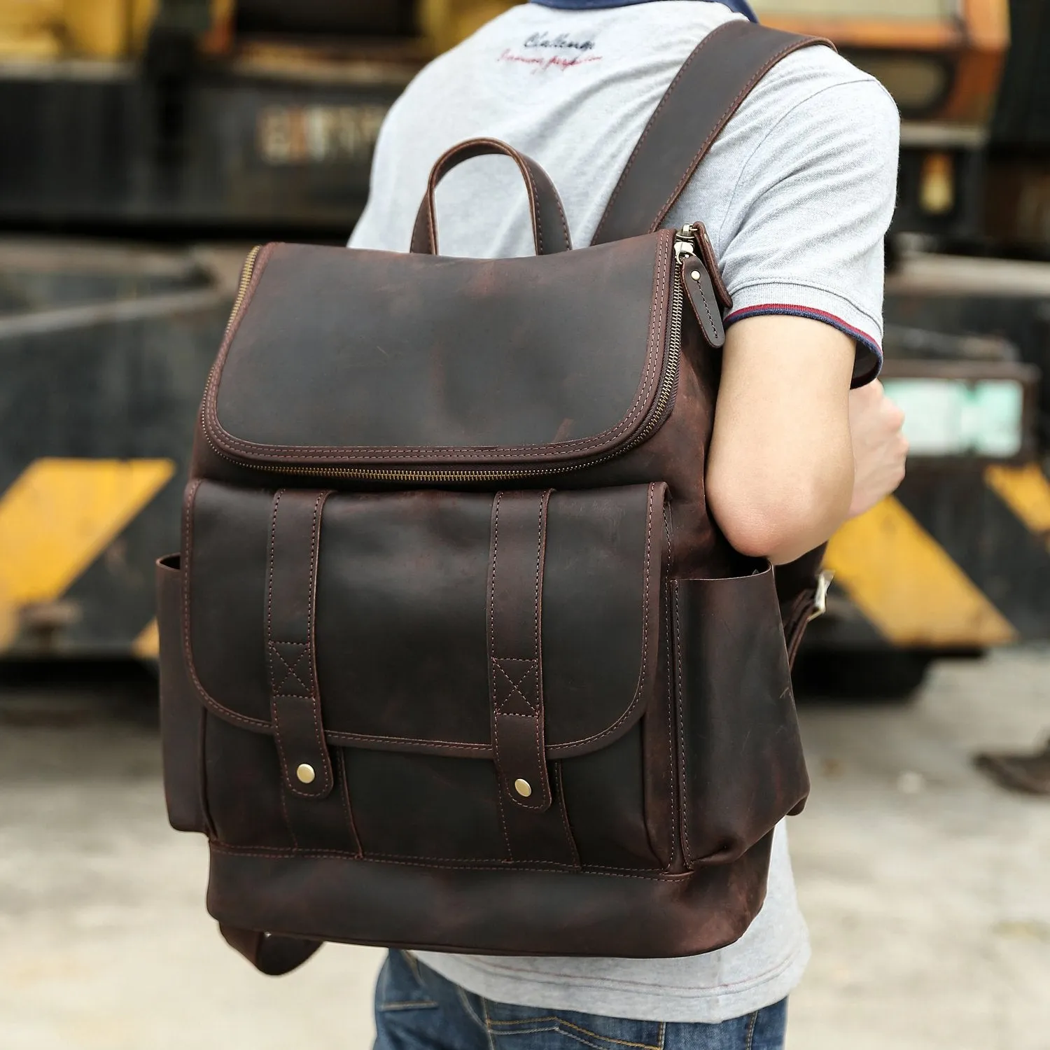 Texbo Vintage Full Grain Cowhide Leather 15.6 Inch Laptop Backpack Shoulder Travel School Bag with YKK Zippers