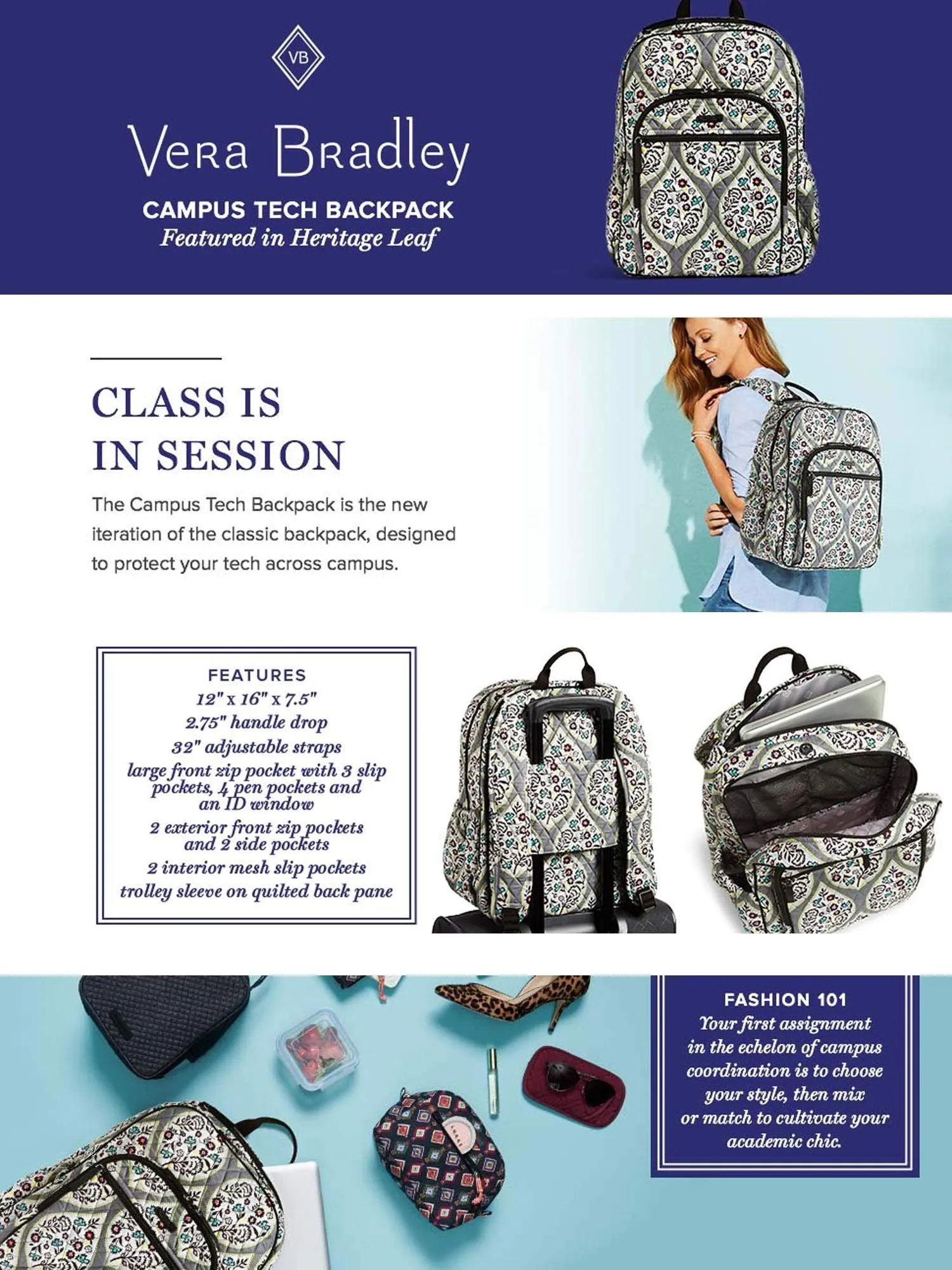 Vera Bradley Women's Campus Tech Backpack, Signature Cotton (Falling Flowers)